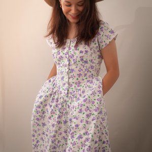 Vintage Cottagecore Purple Floral Midi Button Down Dress